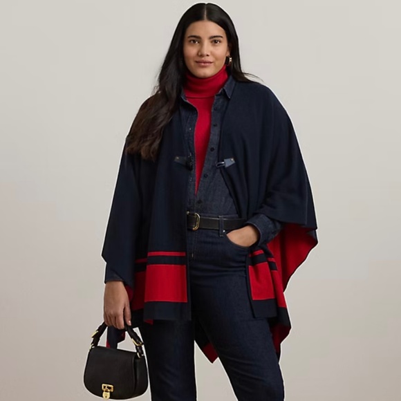 Lauren Ralph Lauren  Intarsia-Knit Two-Tone Poncho Navy Red One Size Plus - Picture 1 of 16